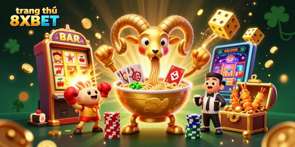 Experience the excitement of tramp chủ 8XBET with a golden ramen bowl dealer, vibrant casino action, and jackpot celebrations.