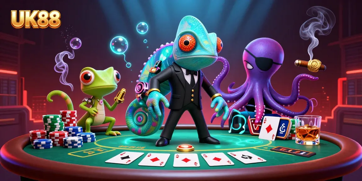 Experience thrilling poker action with UK88's colorful characters in a vibrant casino scene.