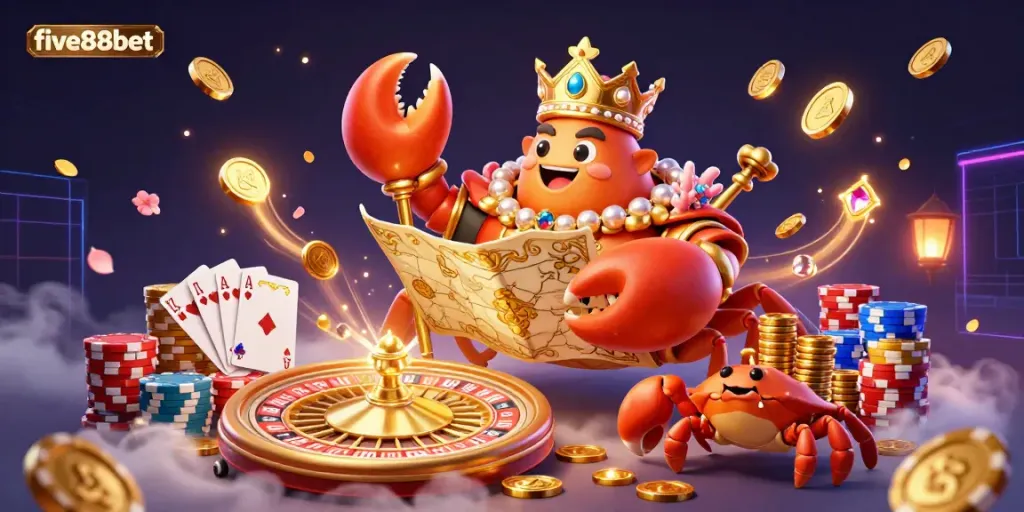 Experience five88bet's thrilling 3D casino adventure with the golden crab emperor and vibrant gaming elements.