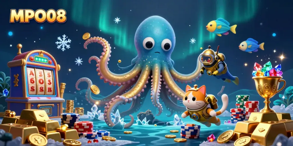 MPO08 slot machine scene with a kraken, a diving cat, and sparkling treasures.