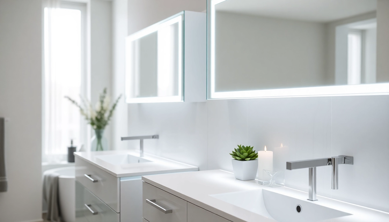 Showcasing illuminated bathroom cabinets with soft LED light in a modern, serene setting.