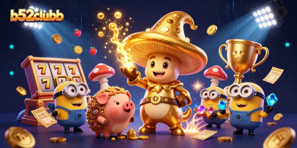 Engage with b52clubb's vibrant casino scene, showcasing a wizard, treasure, and dynamic slots.