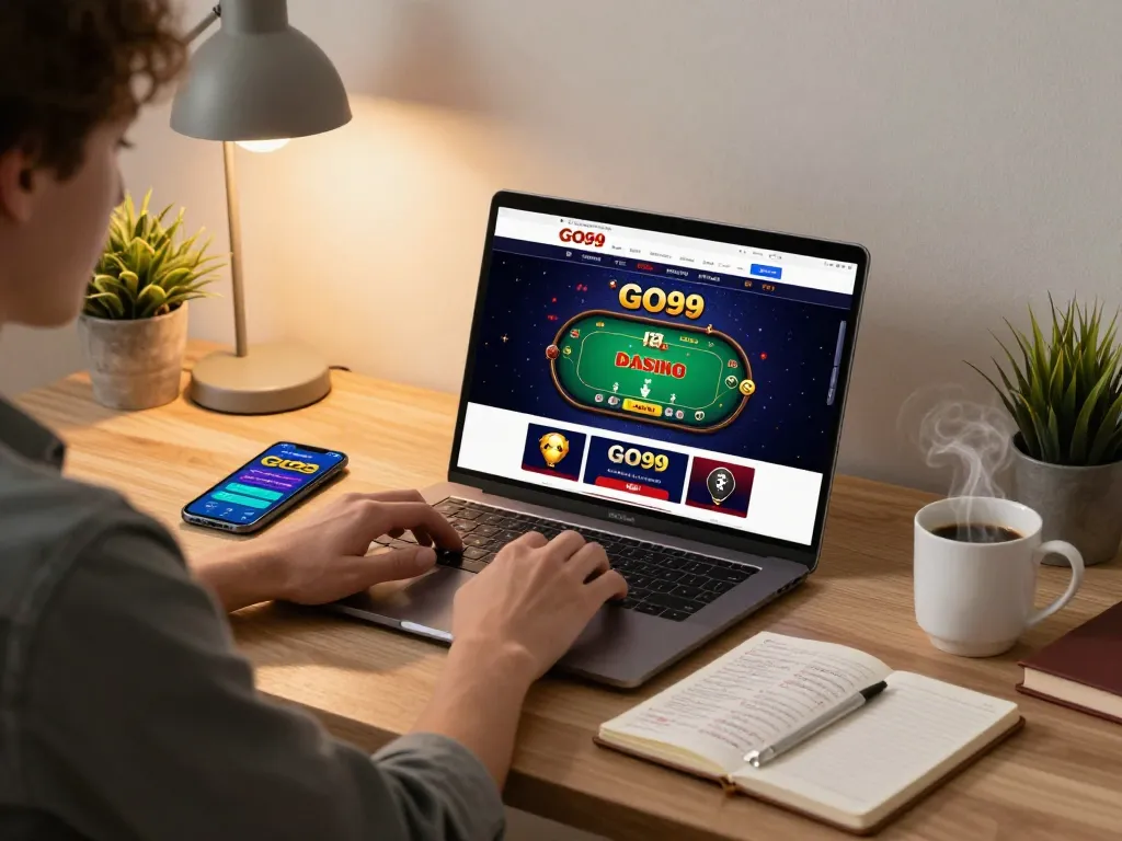 Engaging player enjoying GO99 online casino poker game on laptop at home