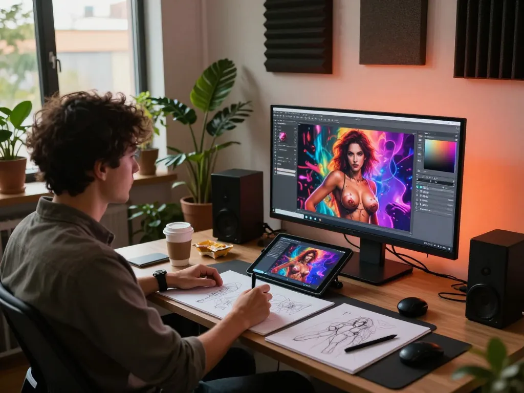 AI porn artist creating vibrant visuals in a modern digital art studio