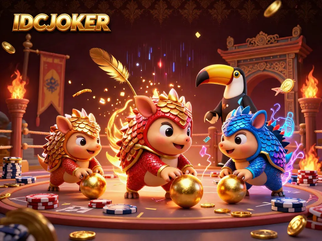 IDCJOKER pangolins bowling through poker chips, vibrant casino-themed digital art.