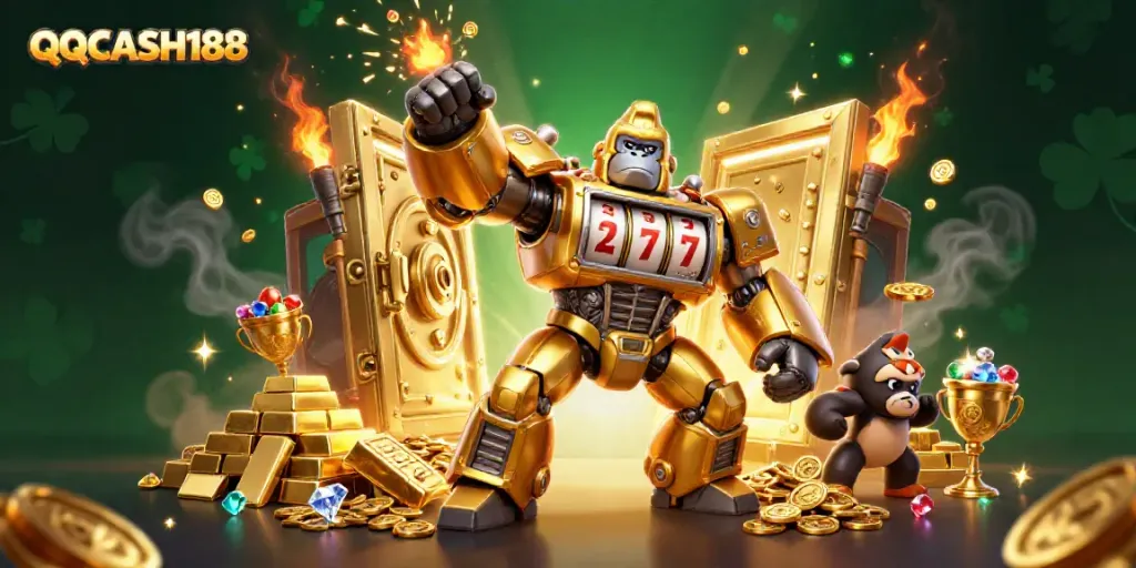 Experience the excitement of QQCASH188 with a golden gorilla mech and treasure exploding from victory!