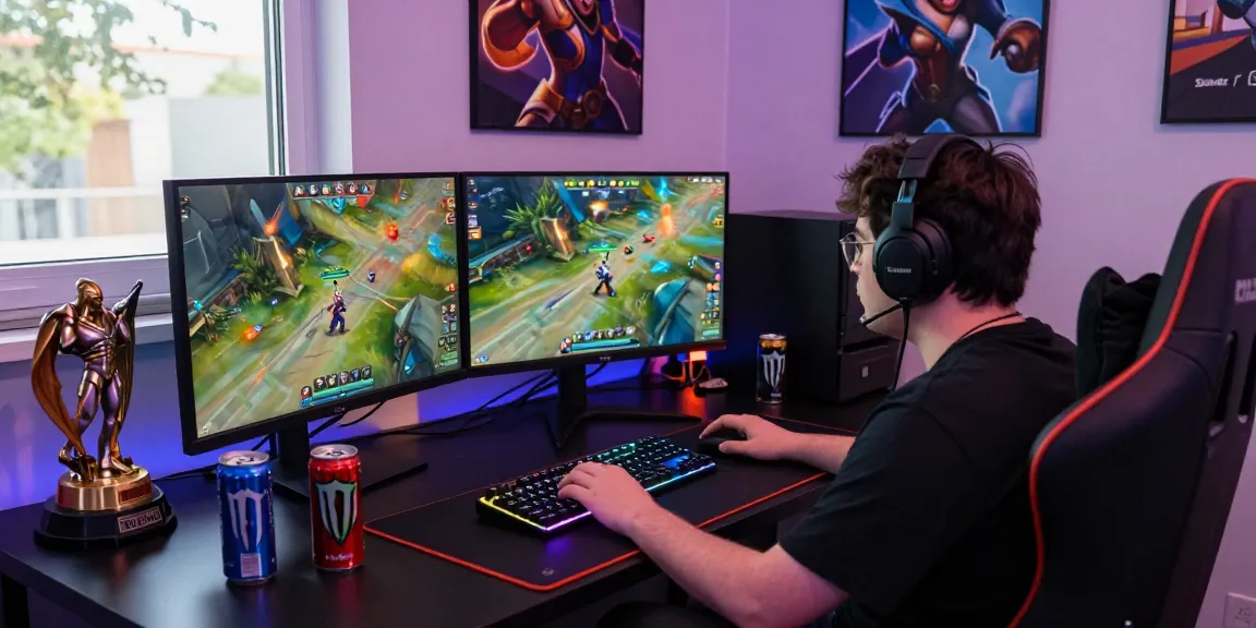 Exciting Overwatch 2 Hack gaming scene with player focused on dual monitors