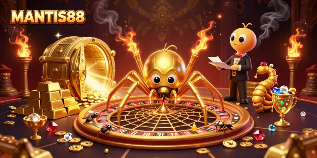 Engage in thrilling gameplay at MANTIS88 with a vibrant casino-themed 3D illustration showcasing excitement.
