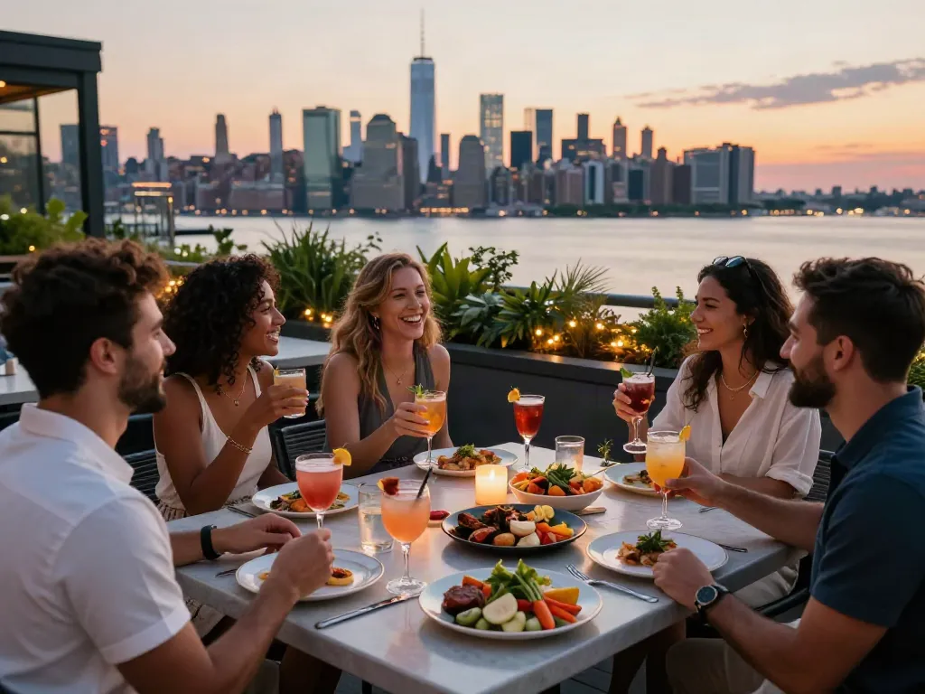 Group enjoying nohu cocktails and city views at a vibrant rooftop bar.