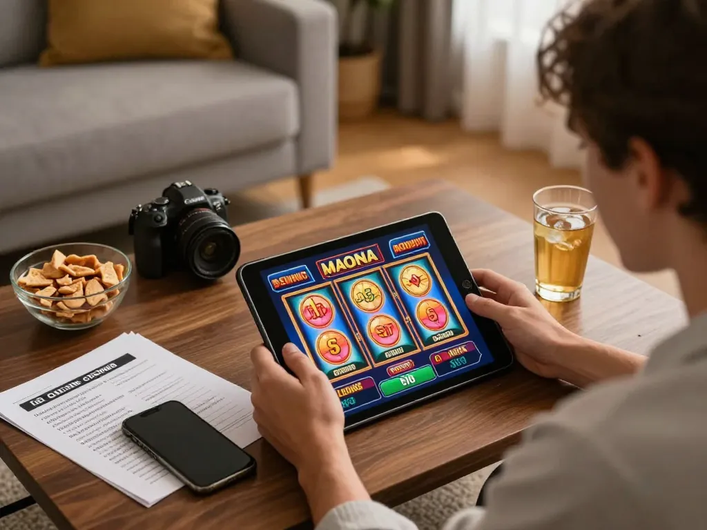 79king player enjoying online slots on tablet in a cozy setting, emphasizing responsible gaming.