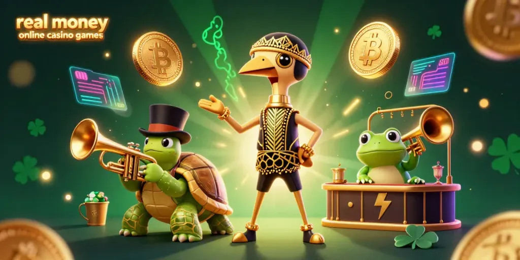 Experience real money online casino games in this vibrant 3D casino scene featuring whimsical characters and glowing crypto elements.