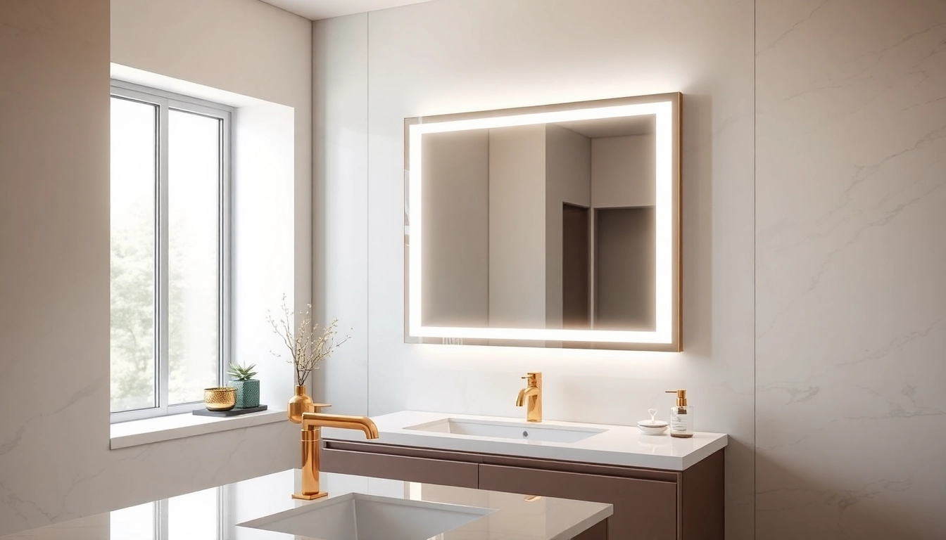 Reflecting stylish design, this mirror and led lights illuminate a modern bathroom setting.