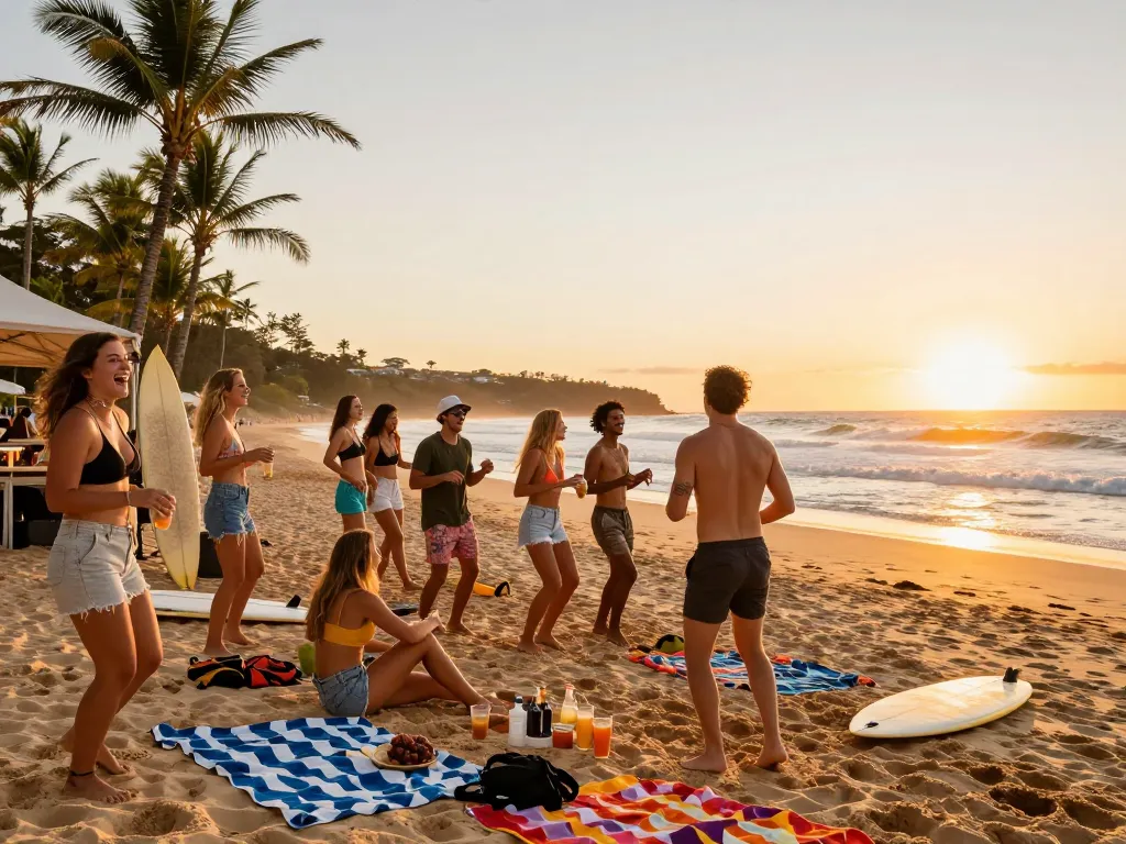 Group of travelers enjoying a sunset beach party in Australia with surfboards and palm trees.