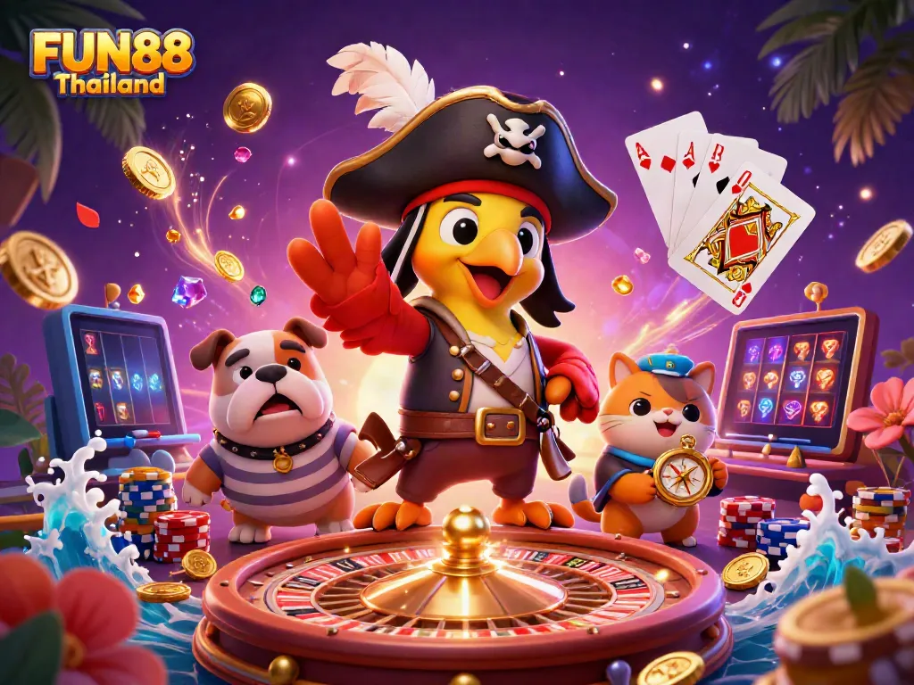 Experience the thrill of FUN88 Thailand with vibrant casino-themed elements in a dynamic 3D illustration.