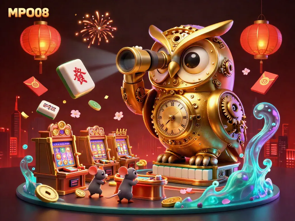 Experience the whimsical world of MPO08, featuring a golden owl scanning a vibrant casino scene with energetic details.