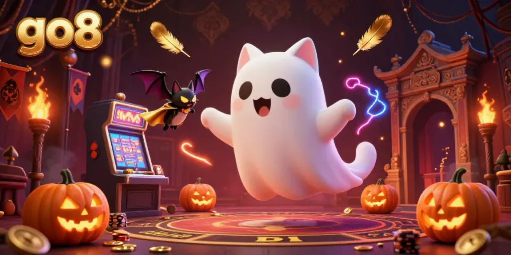 Experience thrilling gameplay at go8 with a ghost cat and vampire bat in a haunted casino atmosphere.