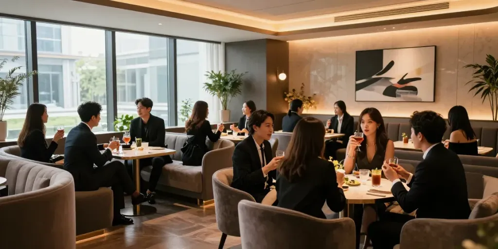 강남 타이밍의 고급스러운 실내와 고객들이 즐기는 모습