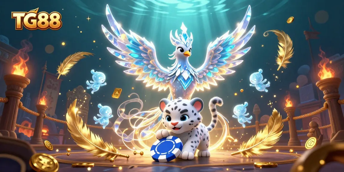 Engage with TG88's thrilling casino experience through a magical 3D illustration of an ice phoenix and playful elements.