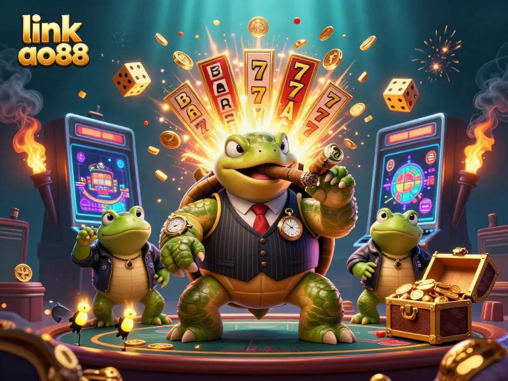 Experience excitement with link ao88's unique casino scene featuring a turtle mobster and dynamic slot action.