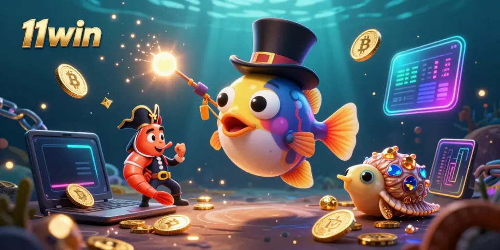 Engage with the vibrant underwater scene of 11win, featuring unique characters and glowing crypto elements.
