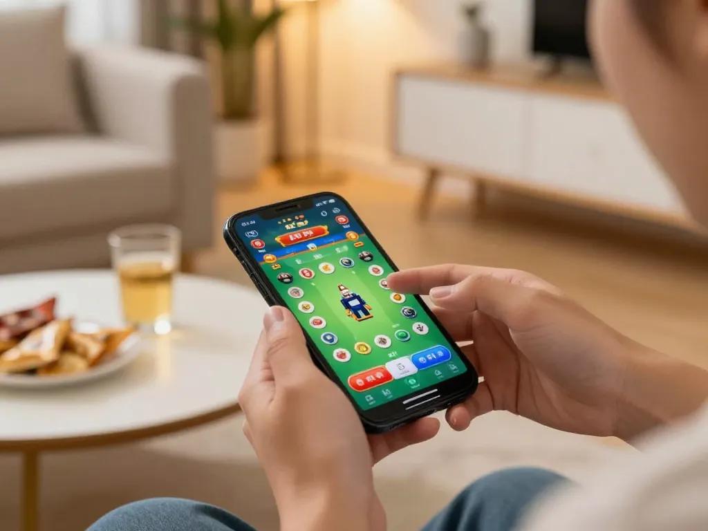 Engaging in game tài xỉu on smartphone in a cozy home setup