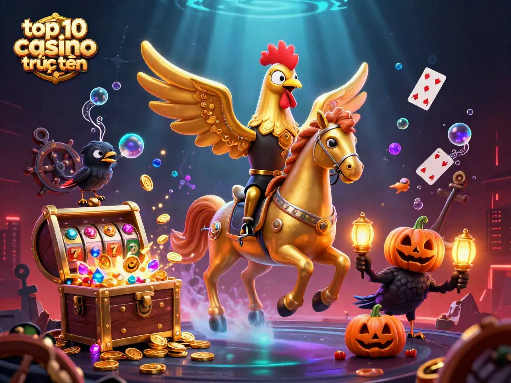 Khám phá top 10 casino trực tuyến với hình ảnh một con gà vàng huyền bí giữa thế giới casino đầy màu sắc.