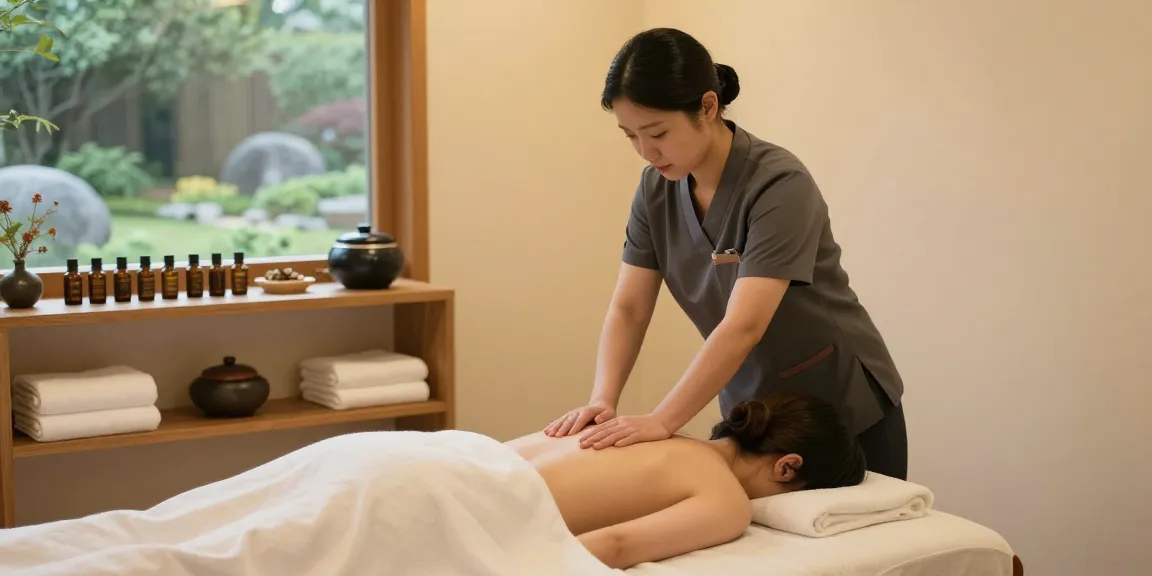 Massage therapist providing a 파주출장마사지 in a tranquil setting with warm lighting and natural elements.