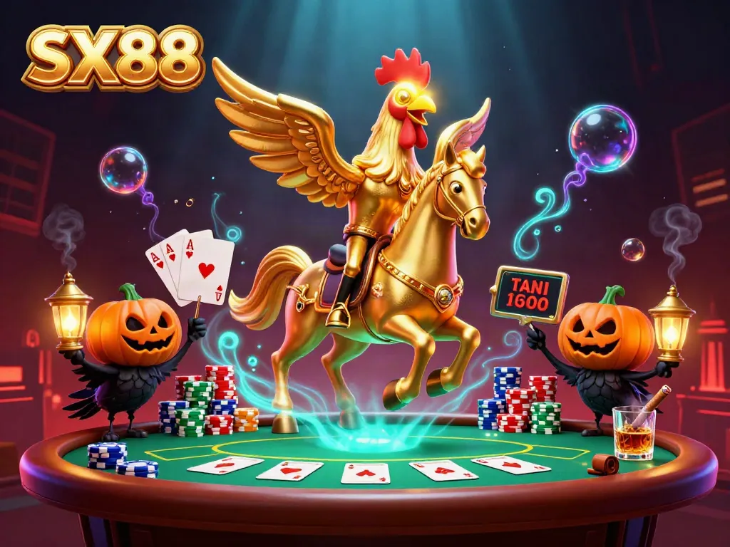 SX88 showcases an exciting casino atmosphere with a golden rooster and companions amidst poker action.