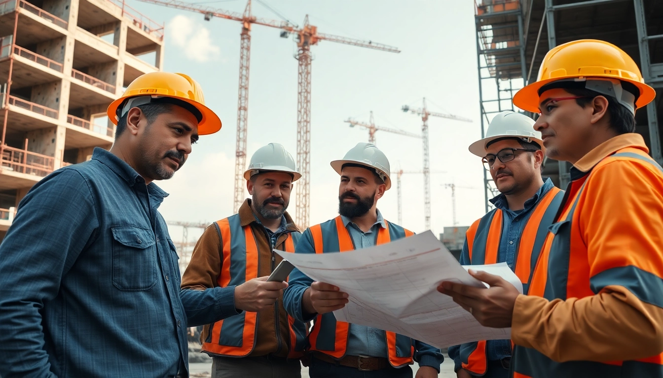 Construction association workers engaging on-site, showcasing teamwork and tools in action.