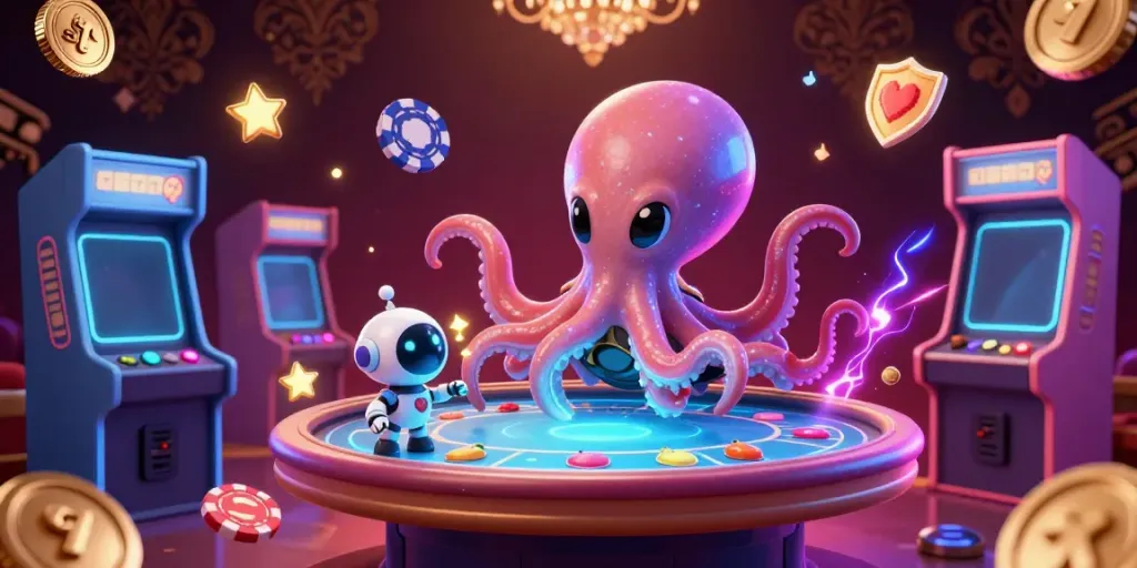 Experience thrilling slot gaming with an alien octopus at a holographic poker table in this vibrant 3D illustration.