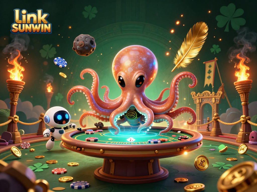 Experience fun gaming with link SUNWIN as alien octopus and robot companion engage in holographic poker!