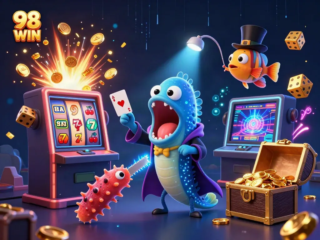 Experience thrilling 98 WIN slots with a lively underwater casino scene featuring animated sea creatures and winning elements.