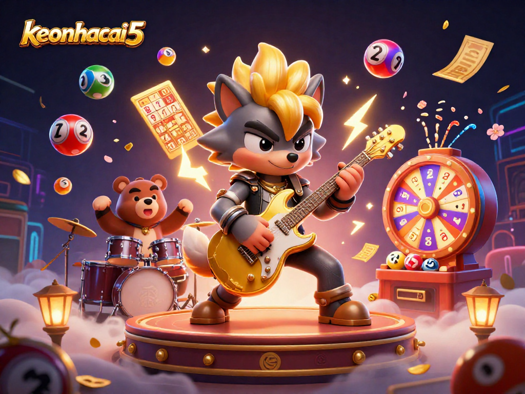 Experience the vibrant action of keonhacai5 with a cartoon wolf rock star on stage amid bouncing lottery elements.
