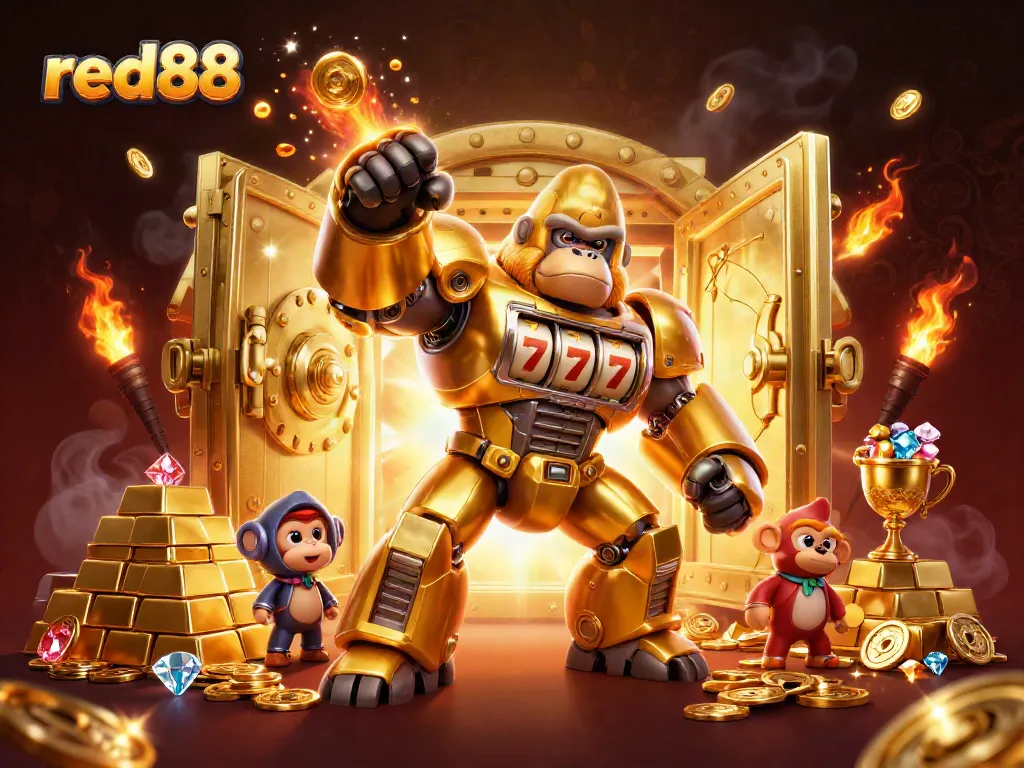 Experience the thrill at red88 with a dynamic 3D illustration of a golden gorilla mech, bursting coins, and casino elements.