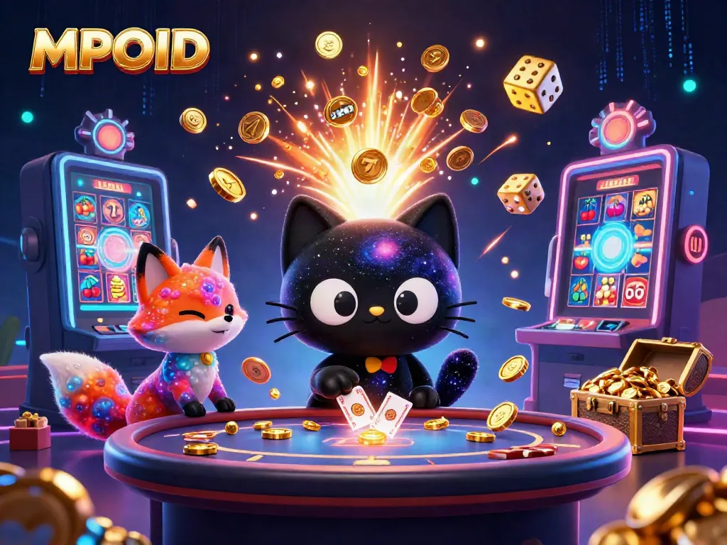 MPOID showcases a cosmic casino scene with a black hole cat and nebula fox surrounded by vibrant winning symbols.