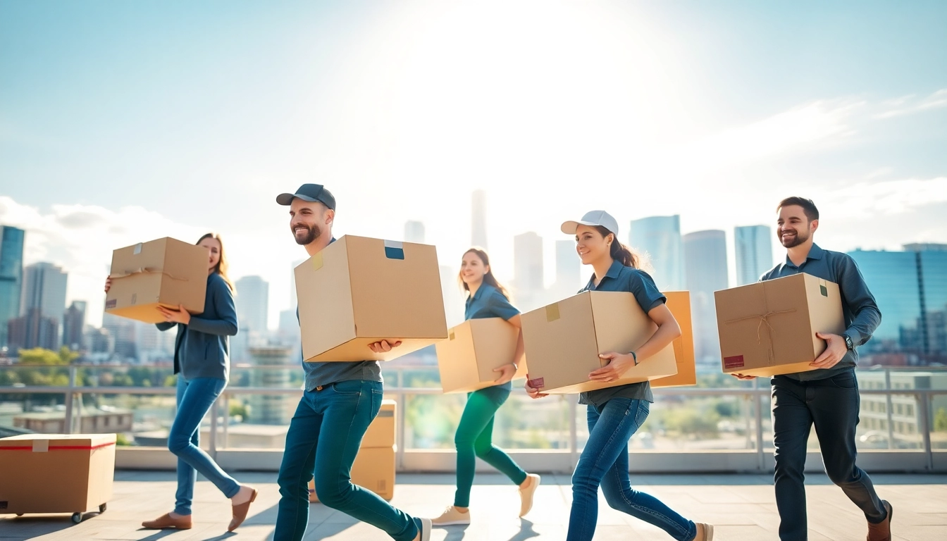 Calgary movers efficiently transporting boxes amidst the Calgary skyline, showcasing professionalism and teamwork.