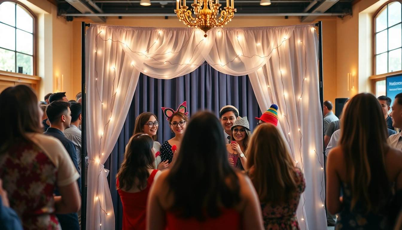 Enjoy photo booth rental Chicago with a vibrant setup featuring fun props and fairy lights.