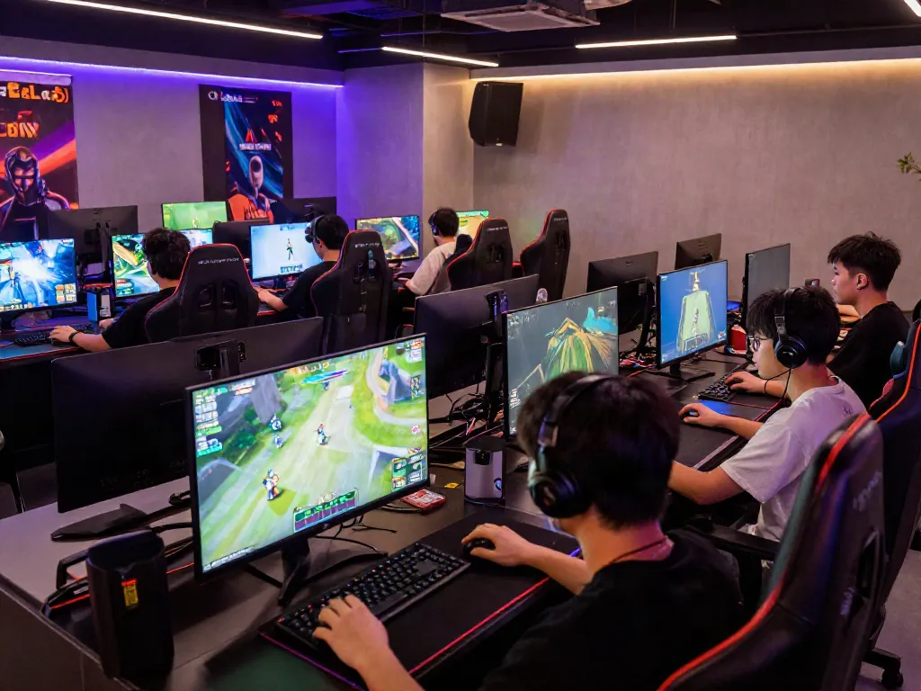 Hitclub players engaged in dynamic online gaming in vibrant esports lounge