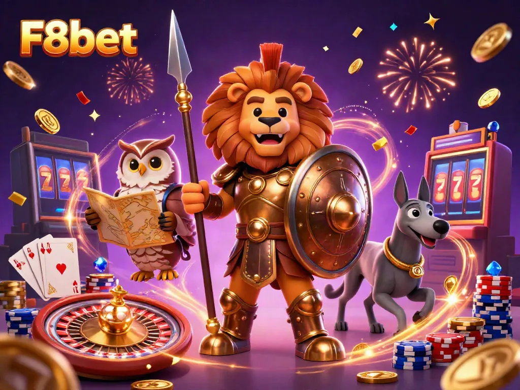 Experience the exhilarating excitement of F8bet with dynamic casino elements in a vibrant 3D scene.