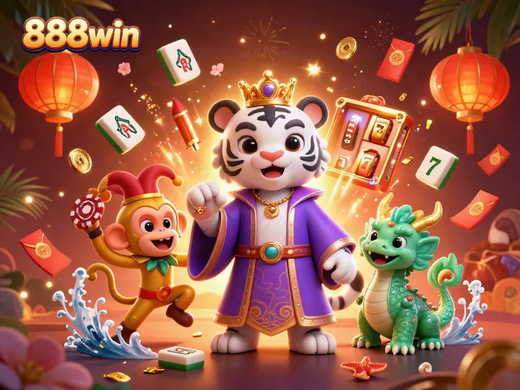 Experience the excitement of 888win with lively characters celebrating casino games amidst vivid elements.