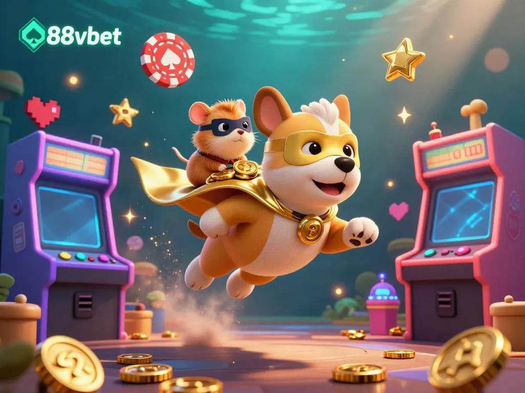 Experience the thrill of 88vbet with a superhero dog and a hamster in a vibrant casino-themed illustration.