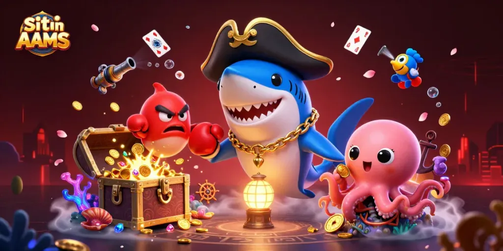 I migliori siti non AAMS, illustrati con un pesce piraña e un polpo, decorati da tesori e giochi.