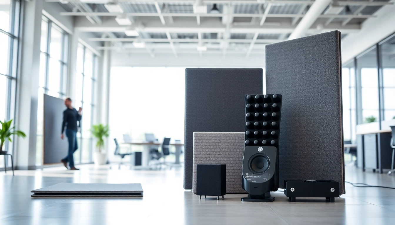 Showcase of Sound and Vibration Control Products in a modern office setup, emphasizing innovative acoustic solutions.