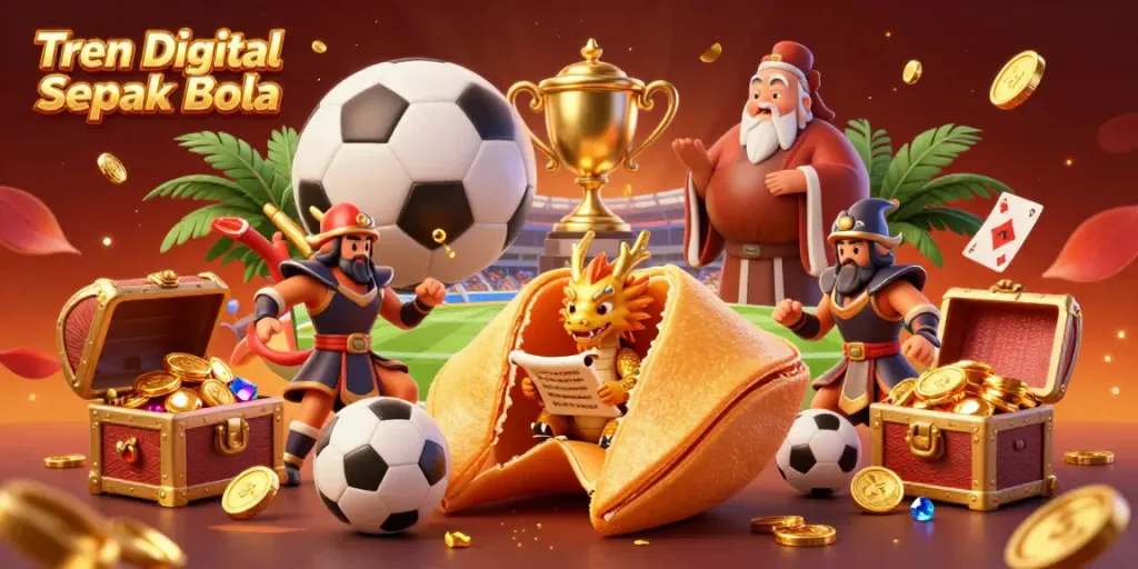 Experience Tren Digital Sepak Bola with a vibrant 3D scene showcasing soccer elements, golden coins, and whimsical characters.