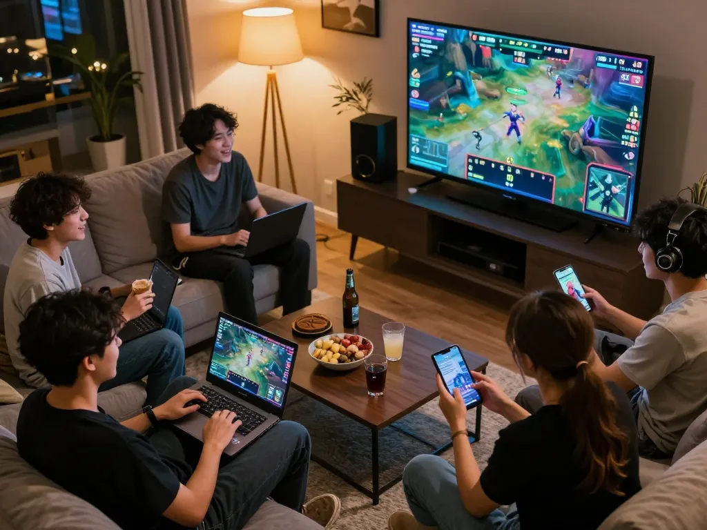 Engaged players participating in mk8th online eSports betting event with laptops and competition screens.