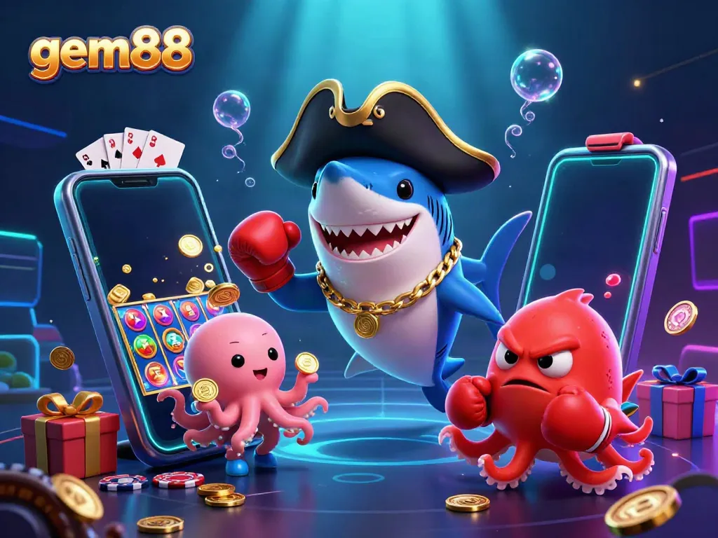 Experience the thrill of gem88 with animated characters and dynamic casino elements in a vibrant underwater world.