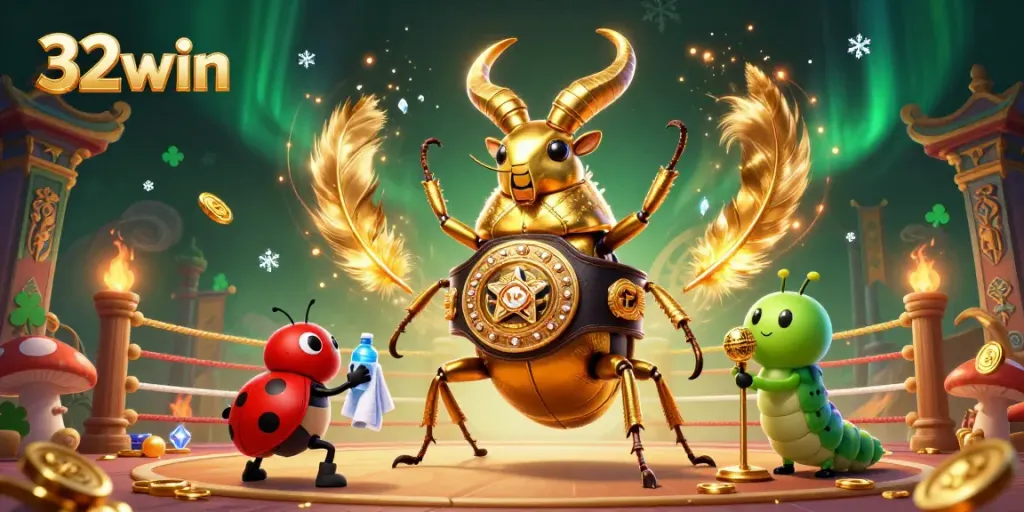 32win showcases a dynamic 3D casino illustration with vibrant characters and rich gambling elements.