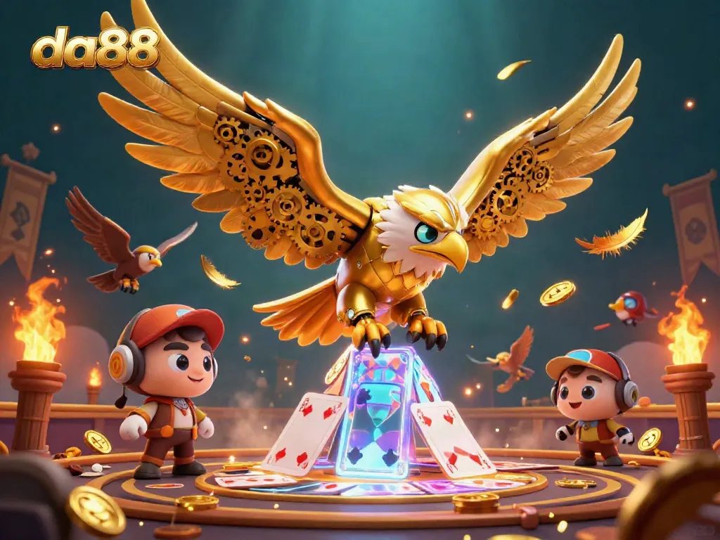Watch the golden eagle soar through holographic cards at da88 casino, showcasing vibrant betting action.