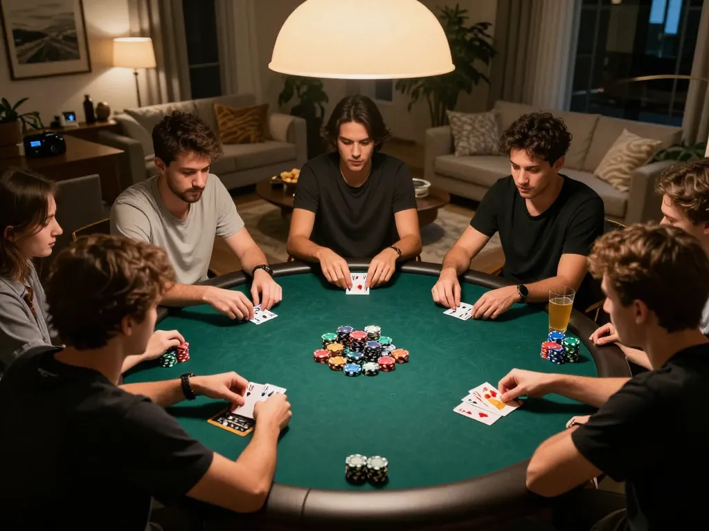 Rokok88 players strategizing during a lively home poker night.