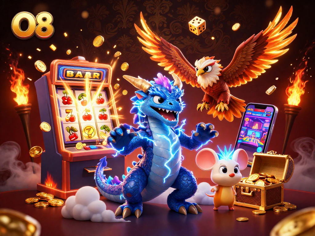 Play with O8's thrilling casino adventure featuring a stunning dragon and a jackpot bonus!